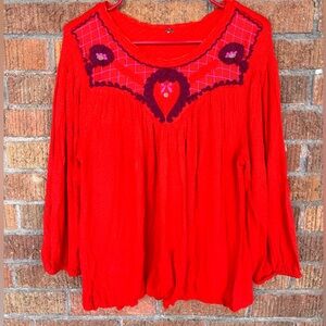 Free People Begonia Embroidered Peasant Top Blouse Orange Bohemian Sz Small